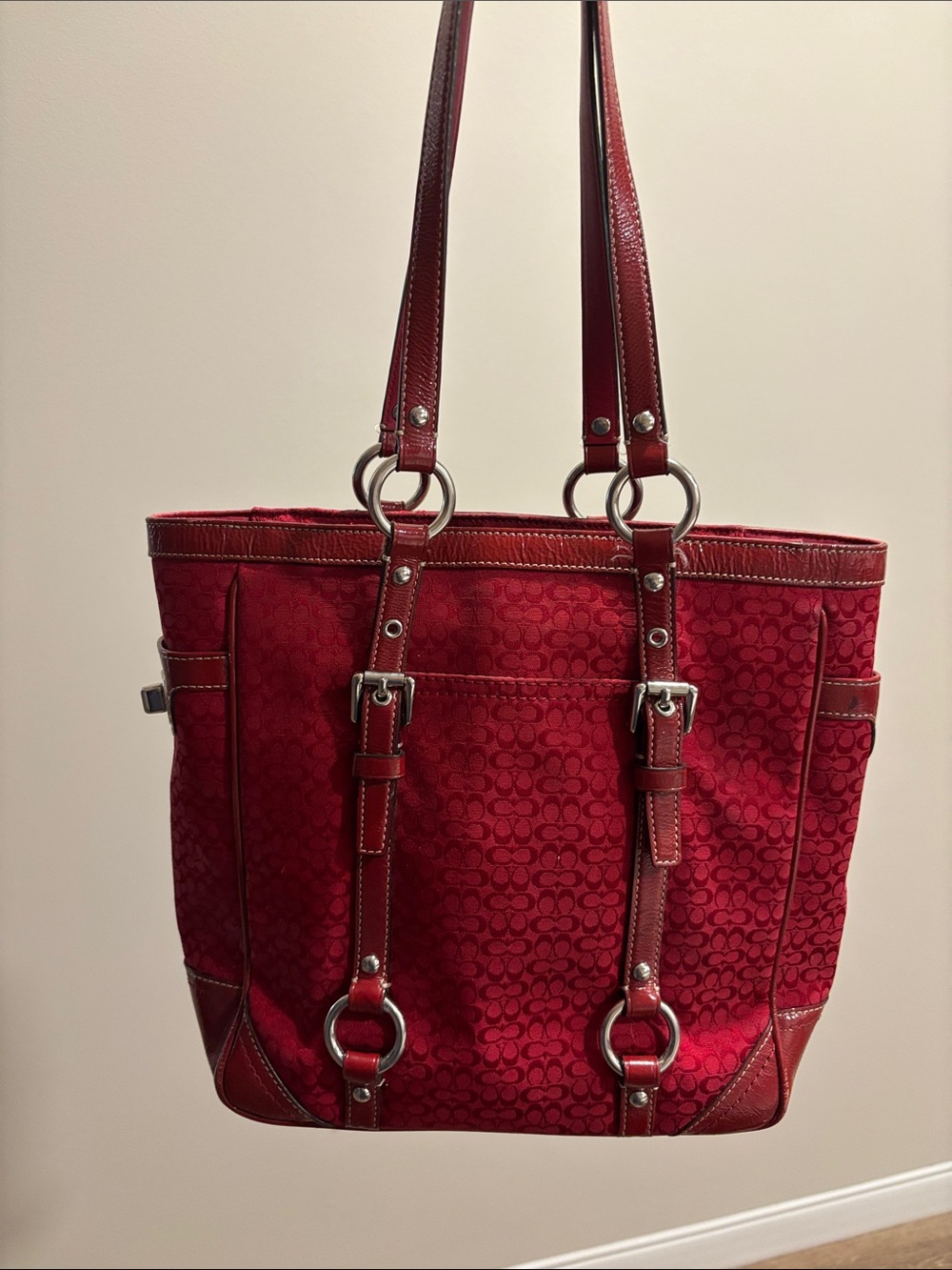Coach signature Jacquard East/ West Gallery tote with patent leather trim in red